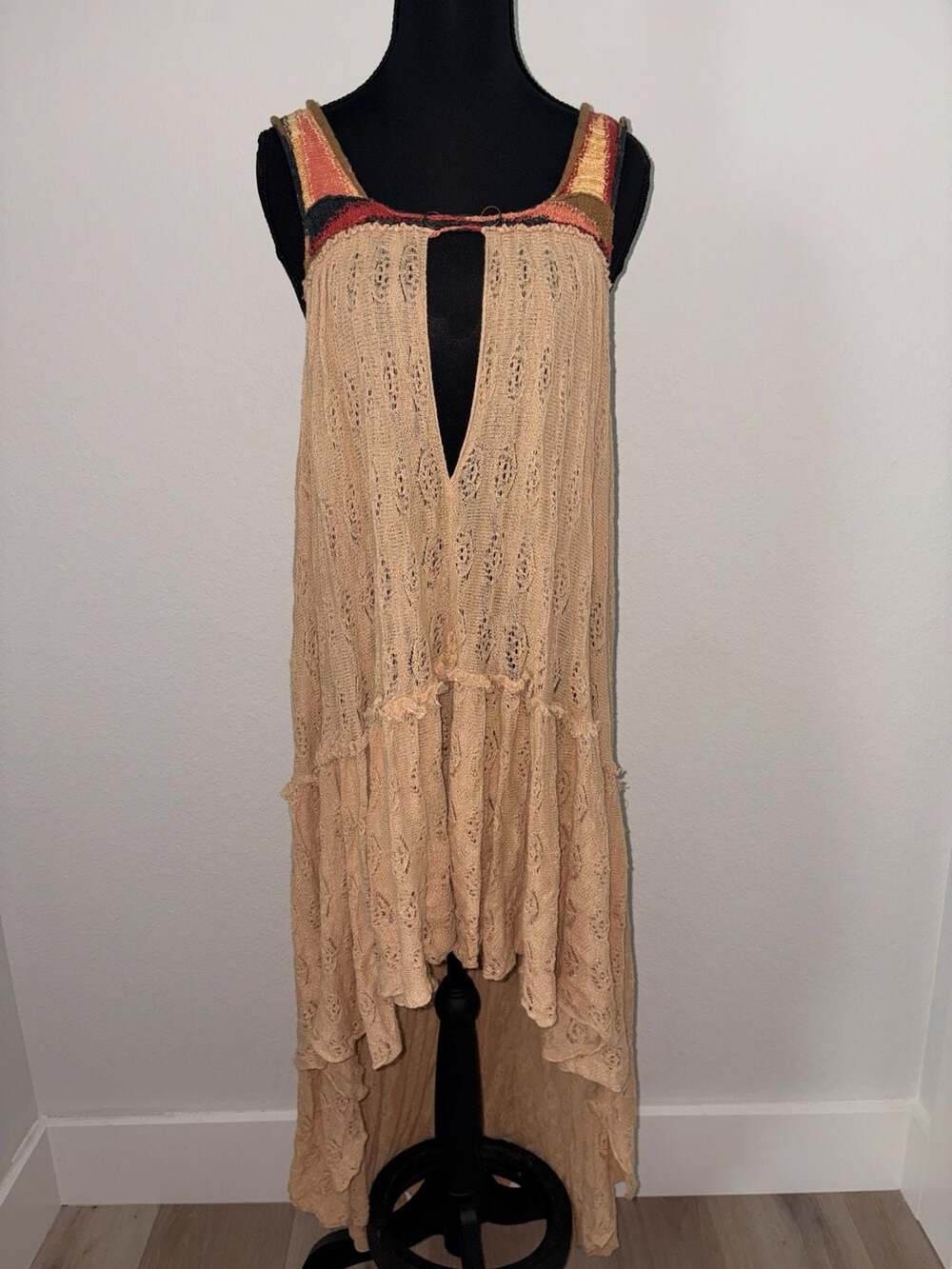 Free People Knit Maxi Dress Tan Open Weave Asymmetric Hem